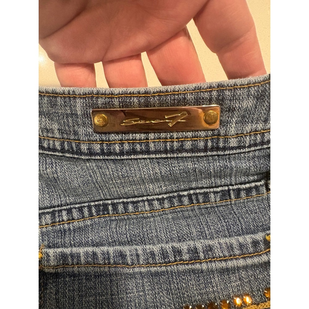Seven7 Studded Cropped Jeans Womens 14 Medium Wash Rhinestone Wide Leg Y2K - Picture 3 of 14